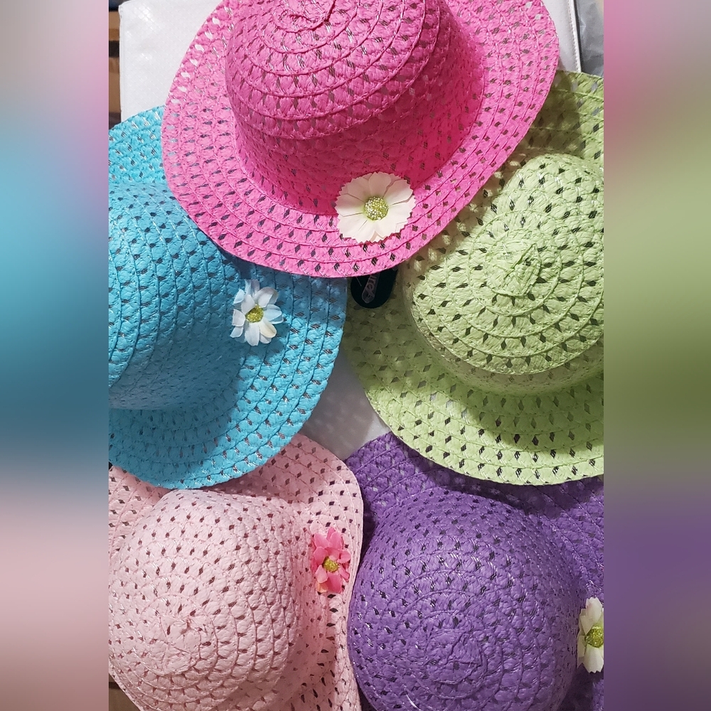 2pack little girl's colorful flower adorned bright faux straw sun hats new